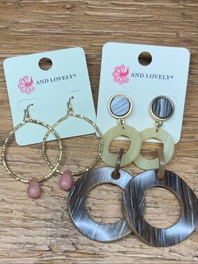 And Lovely Gold Hoop Earrings with Pink Stone & Neutral Resin Dangle Earring Set